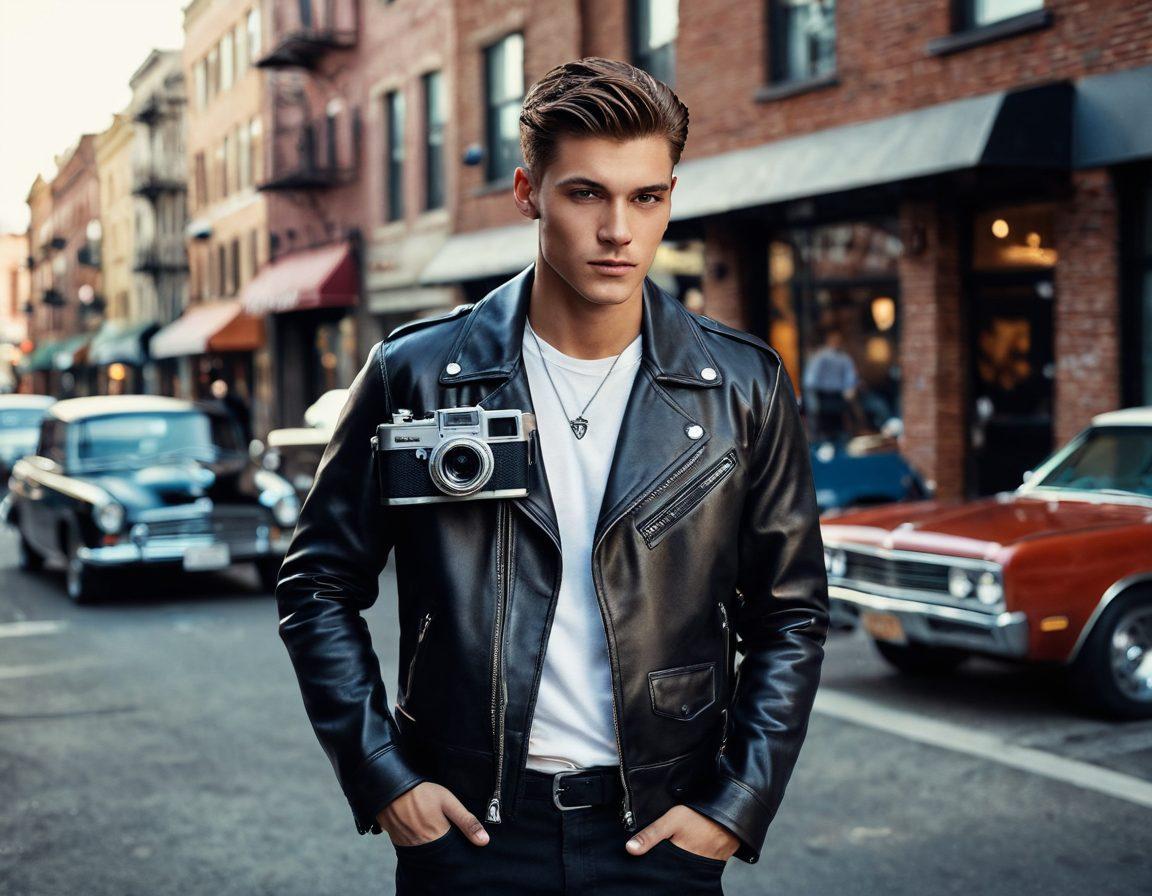 A stylish young man confidently posing with a vintage camera, surrounded by iconic masculine symbols like leather jackets, classic cars, and modern urban landscapes. The image should reflect a dynamic interplay of light and shadow, emphasizing his expression and body language that embody contemporary masculinity. Incorporate a blend of warm and cool tones to evoke a sense of depth and intrigue. super-realistic. vibrant colors.