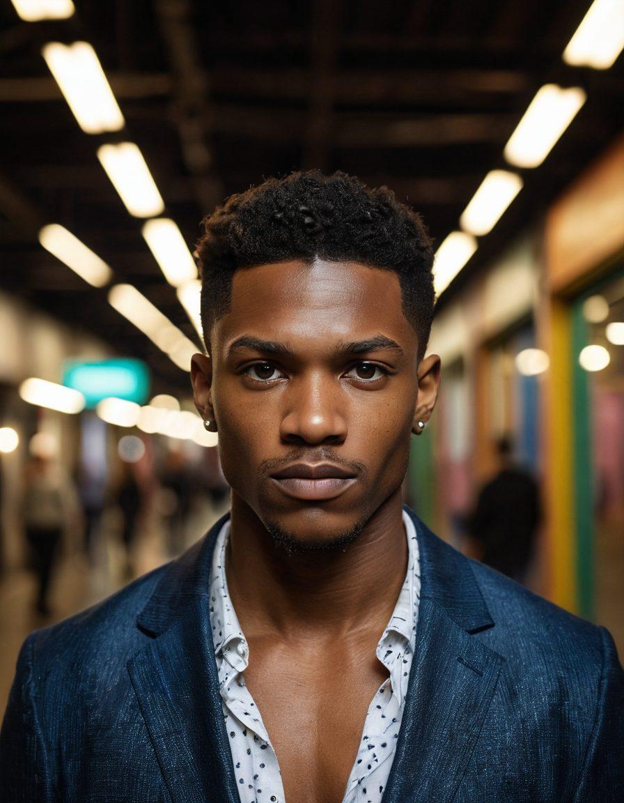 A dynamic fusion of male portraits showcasing diverse expressions of masculinity, captured in various settings like urban landscapes, nature, and intimate indoor spaces. Incorporate contrasting lighting to highlight strength and vulnerability, with candid moments that reflect personal journeys. The background should include abstract patterns symbolizing male identity evolution. super-realistic. vibrant colors. dramatic lighting.